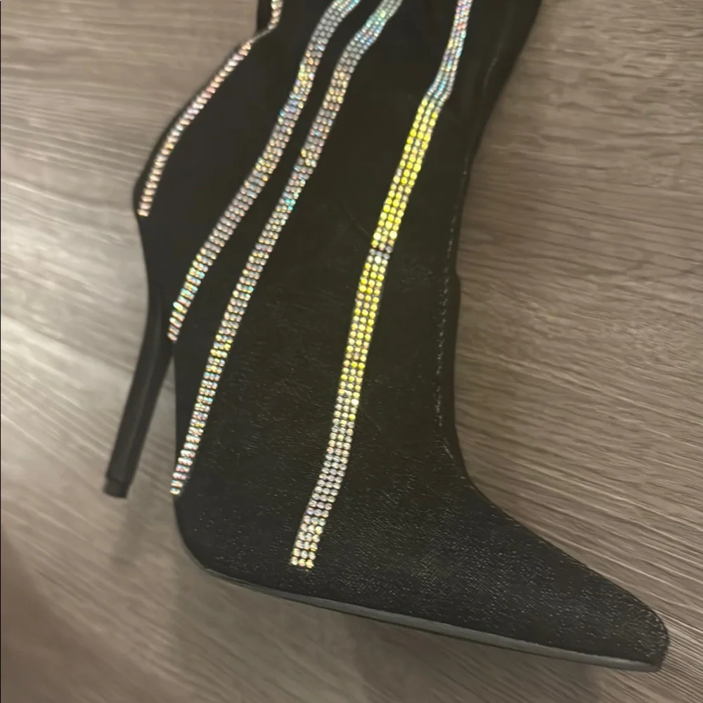 Cape Robbin🔥Black Stiletto Heel Rhinestone Striped Thigh Denim Boots for Women